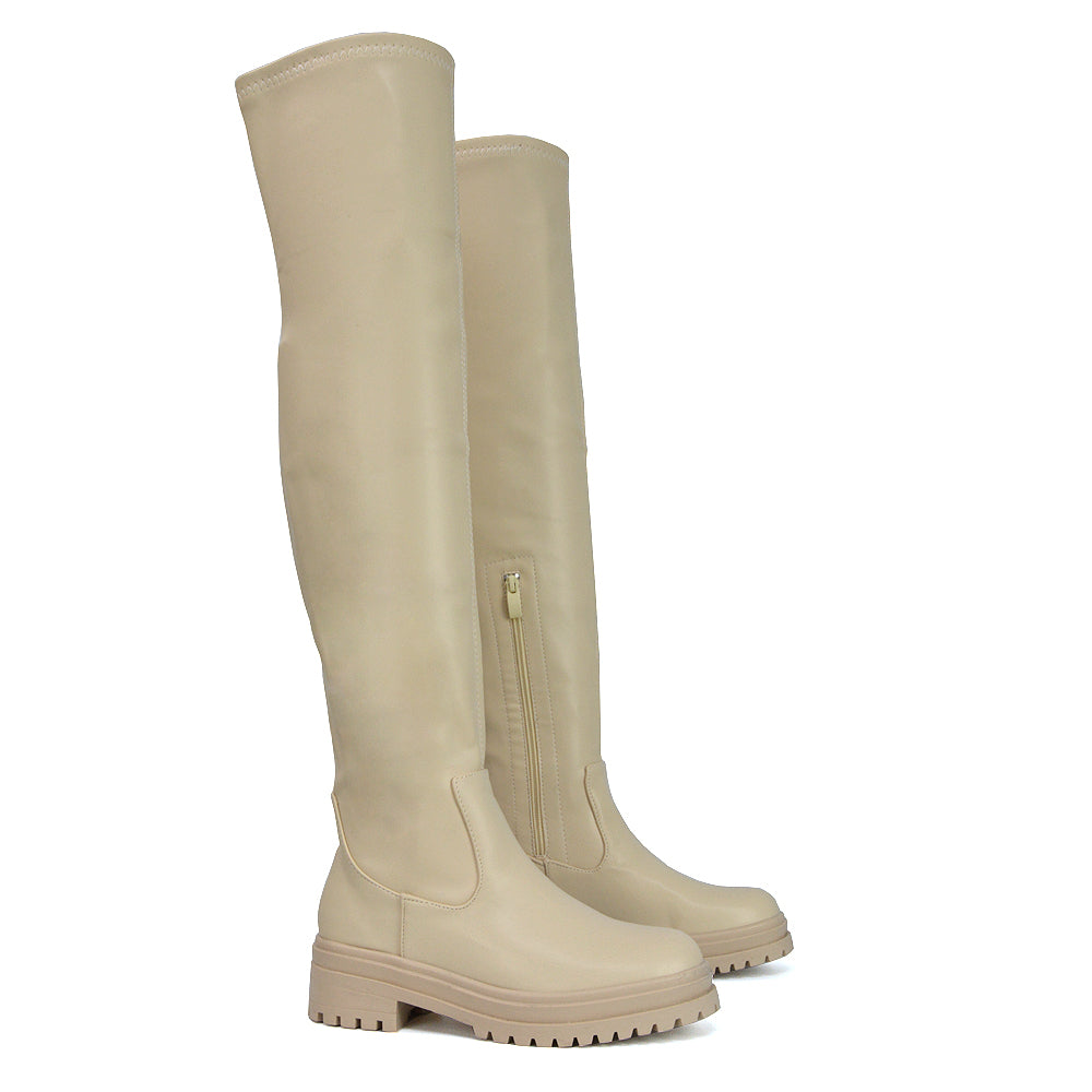 Rosalia Flat Chunky Sole Over the Knee Thigh High Long Boots in Beige Synthetic Leather
