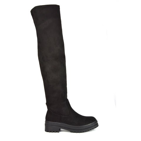 Rosalia Flat Chunky Sole Over the Knee Thigh High Long Boots in Black Synthetic Leather