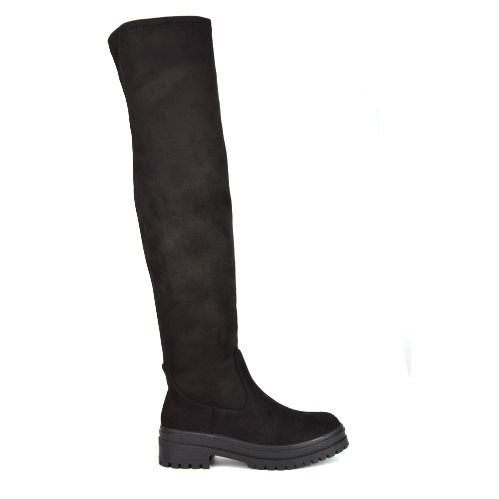 Rosalia Flat Chunky Sole Over the Knee Thigh High Long Boots in Brown Patent