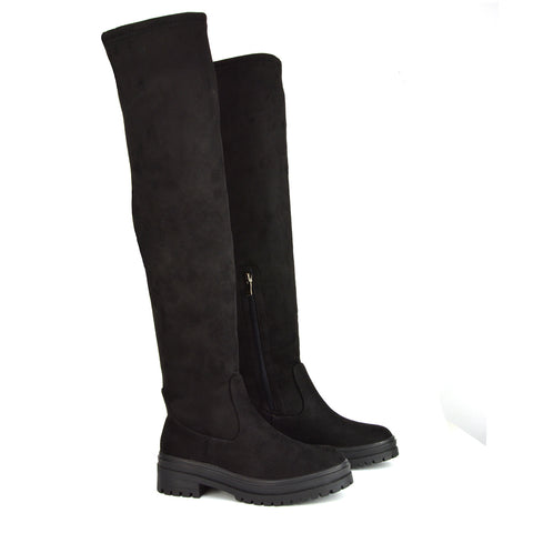Rosalia Flat Chunky Sole Over the Knee Thigh High Long Boots in Black Patent