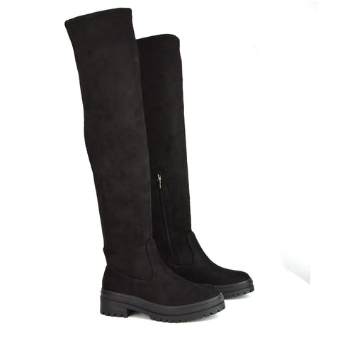 Rosalia Flat Chunky Sole Over the Knee Thigh High Long Boots in Black Synthetic Leather