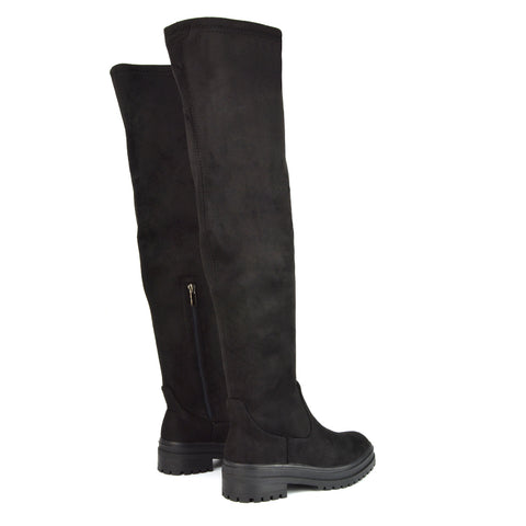 Rosalia Flat Chunky Sole Over the Knee Thigh High Long Boots in Brown Patent