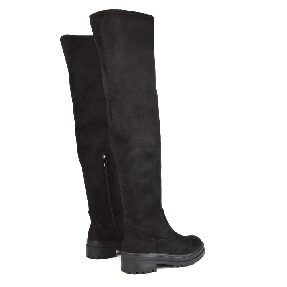 Rosalia Flat Chunky Sole Over the Knee Thigh High Long Boots in Black Synthetic Leather