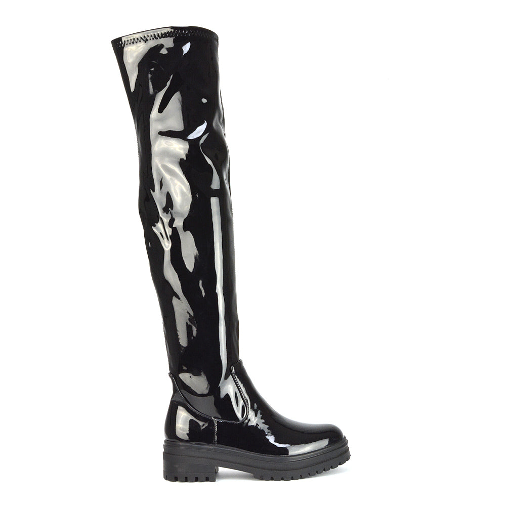 Rosalia Flat Chunky Sole Over the Knee Thigh High Long Boots in Black Synthetic Leather