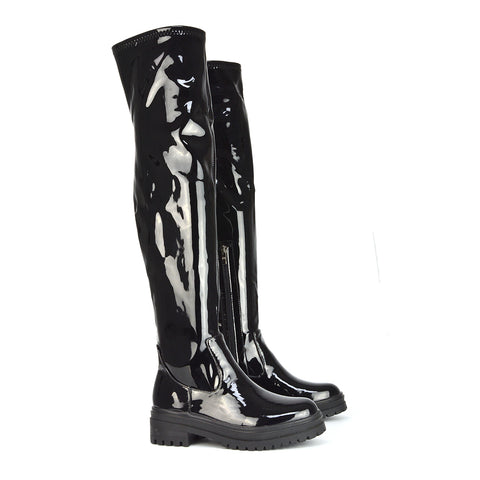 Rosalia Flat Chunky Sole Over the Knee Thigh High Long Boots in Black Synthetic Leather