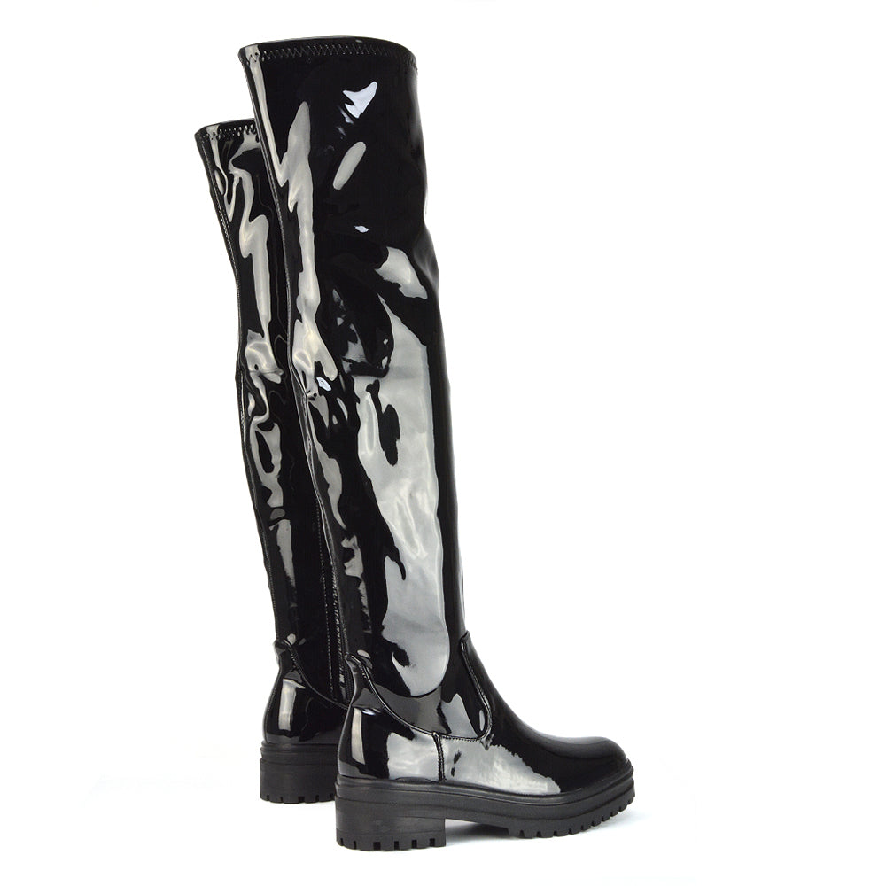 Rosalia Flat Chunky Sole Over the Knee Thigh High Long Boots in Brown Synthetic Leather