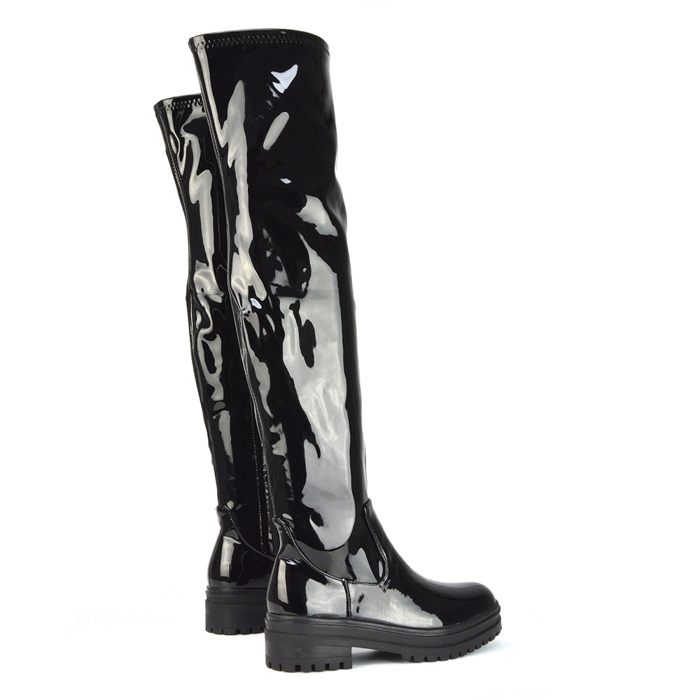 Rosalia Flat Chunky Sole Over the Knee Thigh High Long Boots in Black Faux Suede