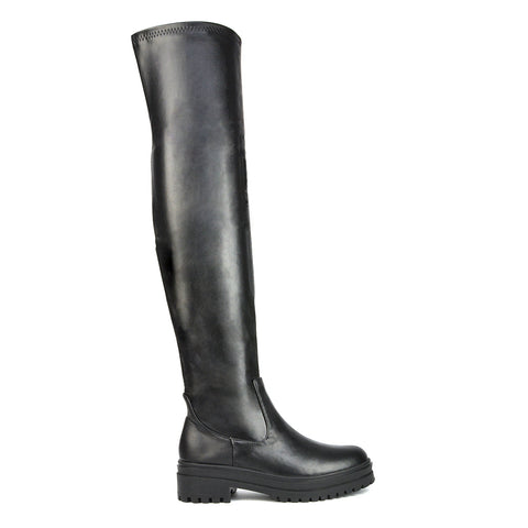 Rosalia Flat Chunky Sole Over the Knee Thigh High Long Boots in Brown Synthetic Leather