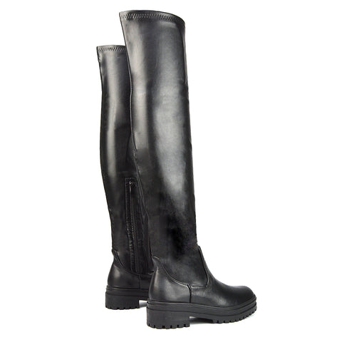 Rosalia Flat Chunky Sole Over the Knee Thigh High Long Boots in Black Patent