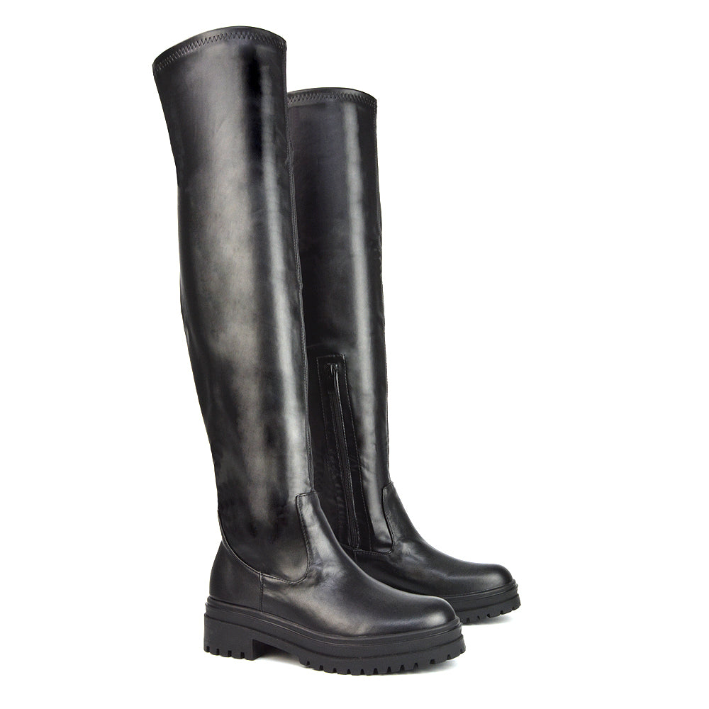 Rosalia Flat Chunky Sole Over the Knee Thigh High Long Boots in Black Patent