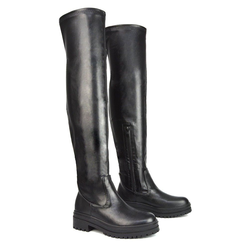 Rosalia Flat Chunky Sole Over the Knee Thigh High Long Boots in Black Patent