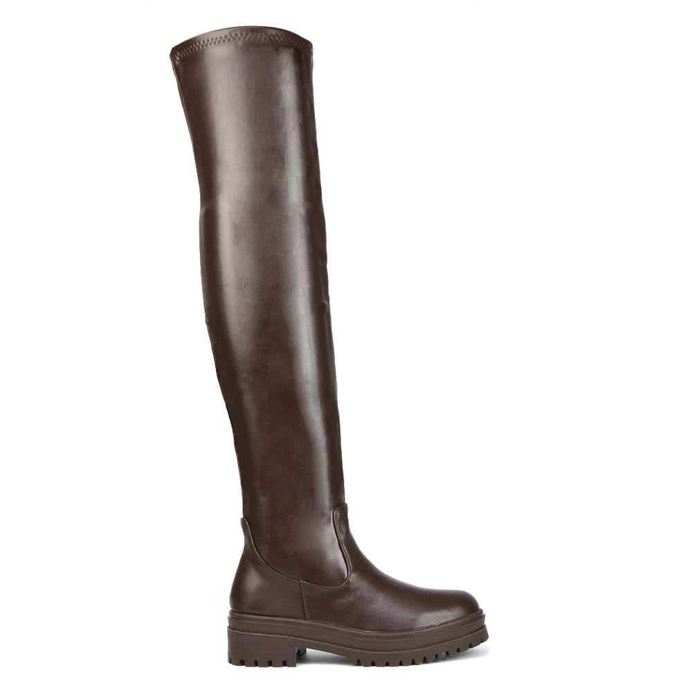 Rosalia Flat Chunky Sole Over the Knee Thigh High Long Boots in Brown Synthetic Leather