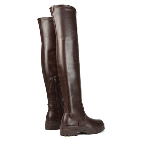 Rosalia Flat Chunky Sole Over the Knee Thigh High Long Boots in Black Synthetic Leather