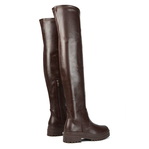 Rosalia Flat Chunky Sole Over the Knee Thigh High Long Boots in Beige Synthetic Leather