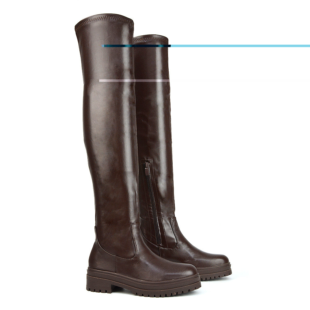 Rosalia Flat Chunky Sole Over the Knee Thigh High Long Boots in Brown Synthetic Leather