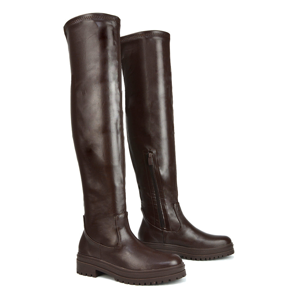 Rosalia Flat Chunky Sole Over the Knee Thigh High Long Boots in Brown Patent