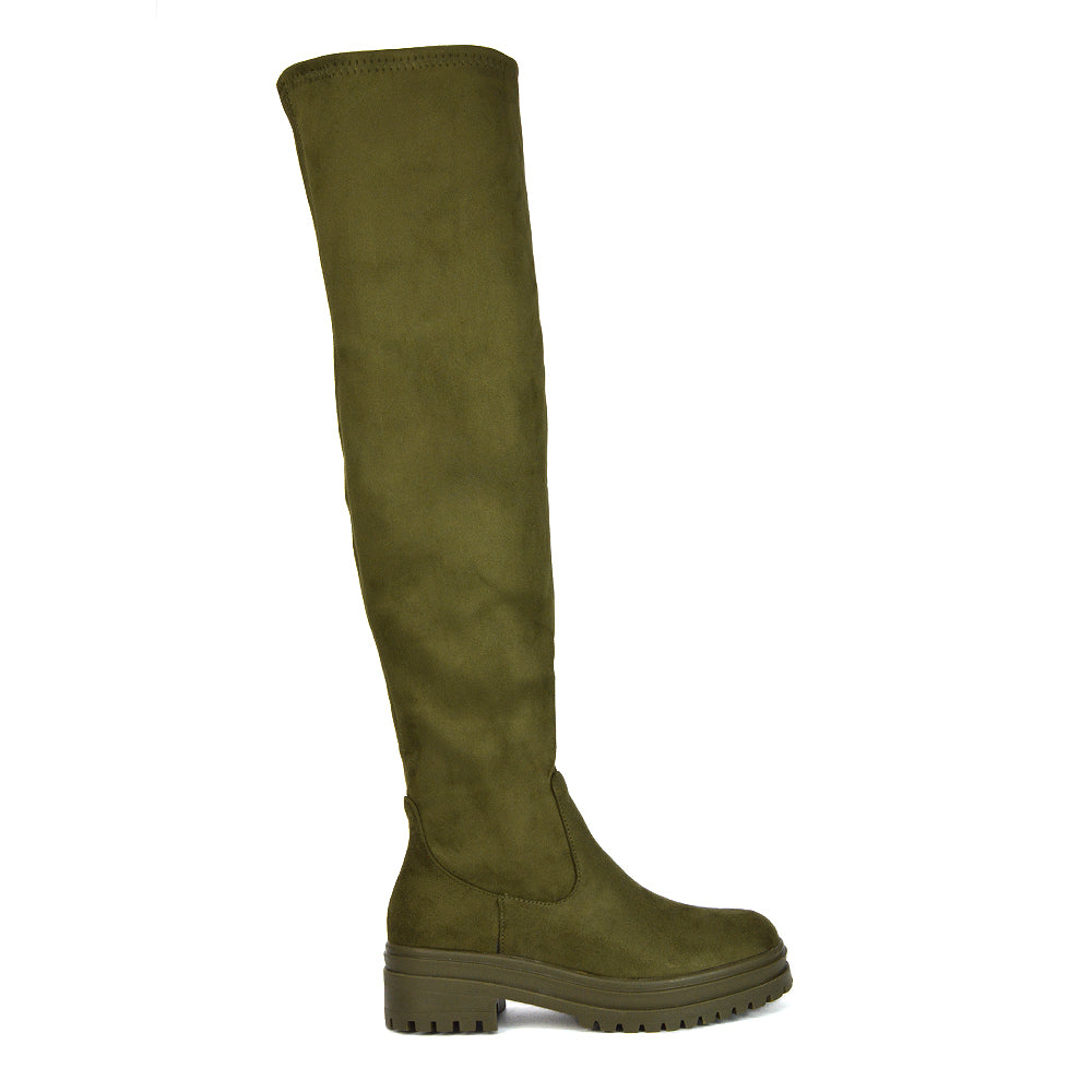 Rosalia Flat Chunky Sole Over the Knee Thigh High Long Boots in Green Faux Suede
