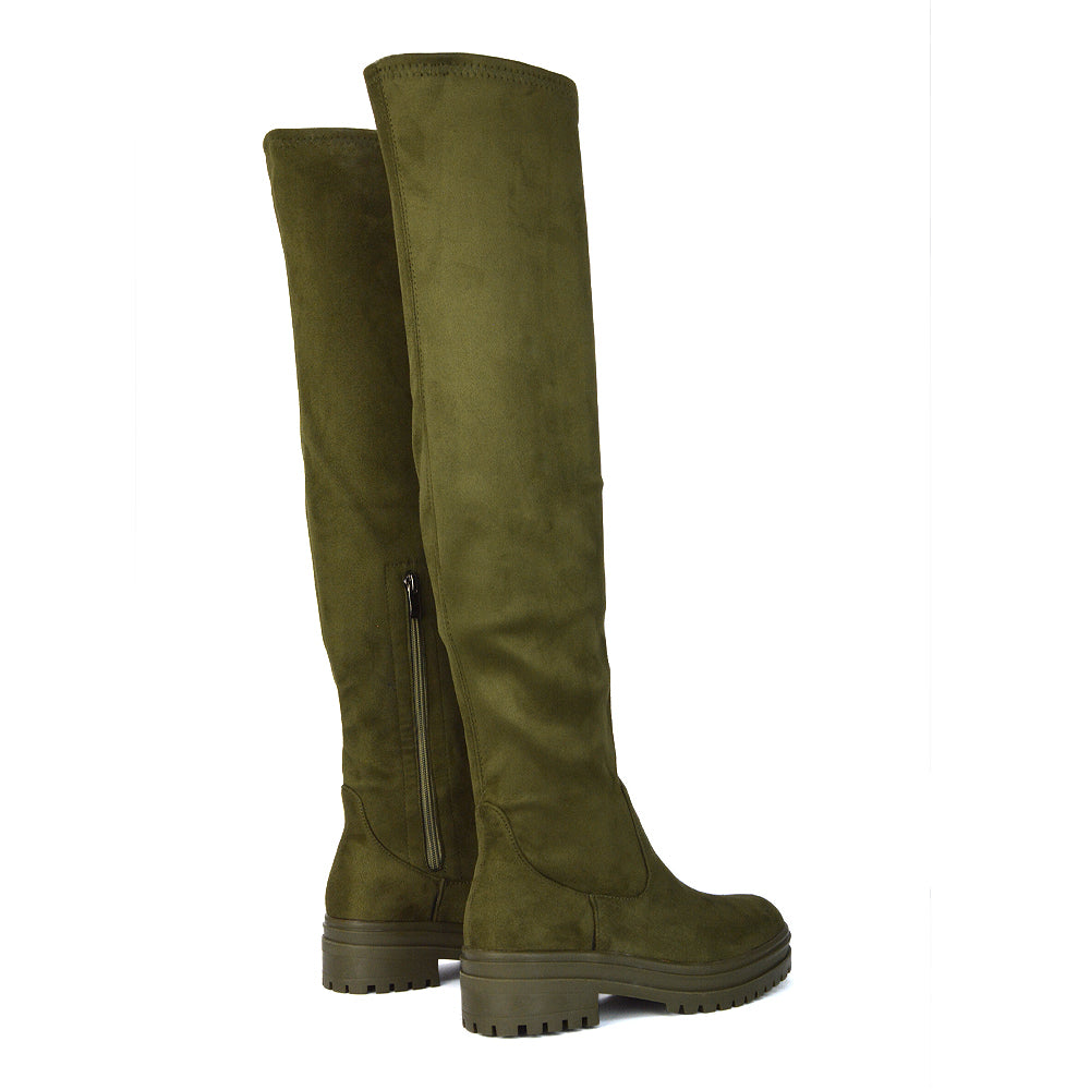 Rosalia Flat Chunky Sole Over the Knee Thigh High Long Boots in Green Faux Suede