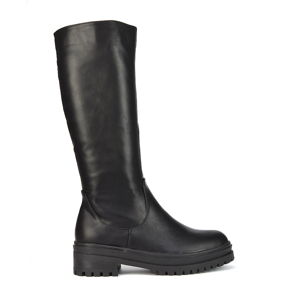 Maura Chunky Sole Low Block Heel Below The Knee Long Boots In Black Synthetic Leather