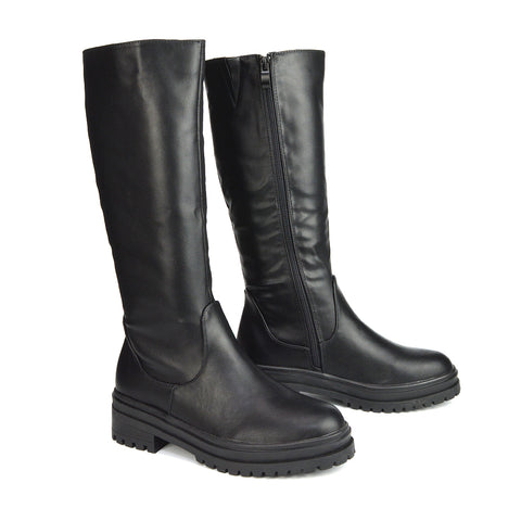 Maura Chunky Sole Low Block Heel Below The Knee Long Boots In Black Synthetic Leather