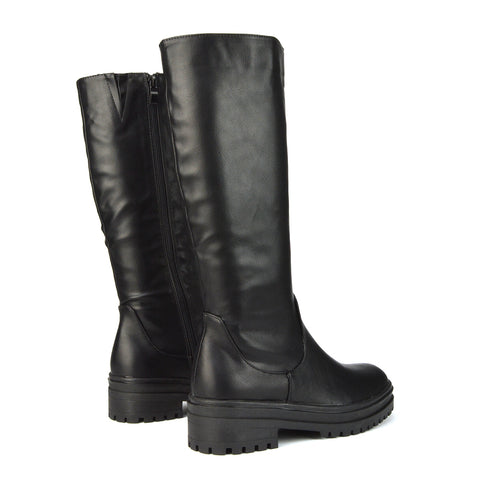 Maura Chunky Sole Low Block Heel Below The Knee Long Boots In Black Synthetic Leather