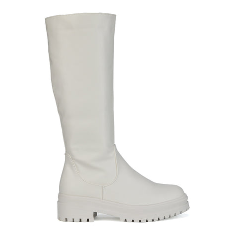 Maura Chunky Sole Low Block Heel Below The Knee Long Boots In White Synthetic Leather