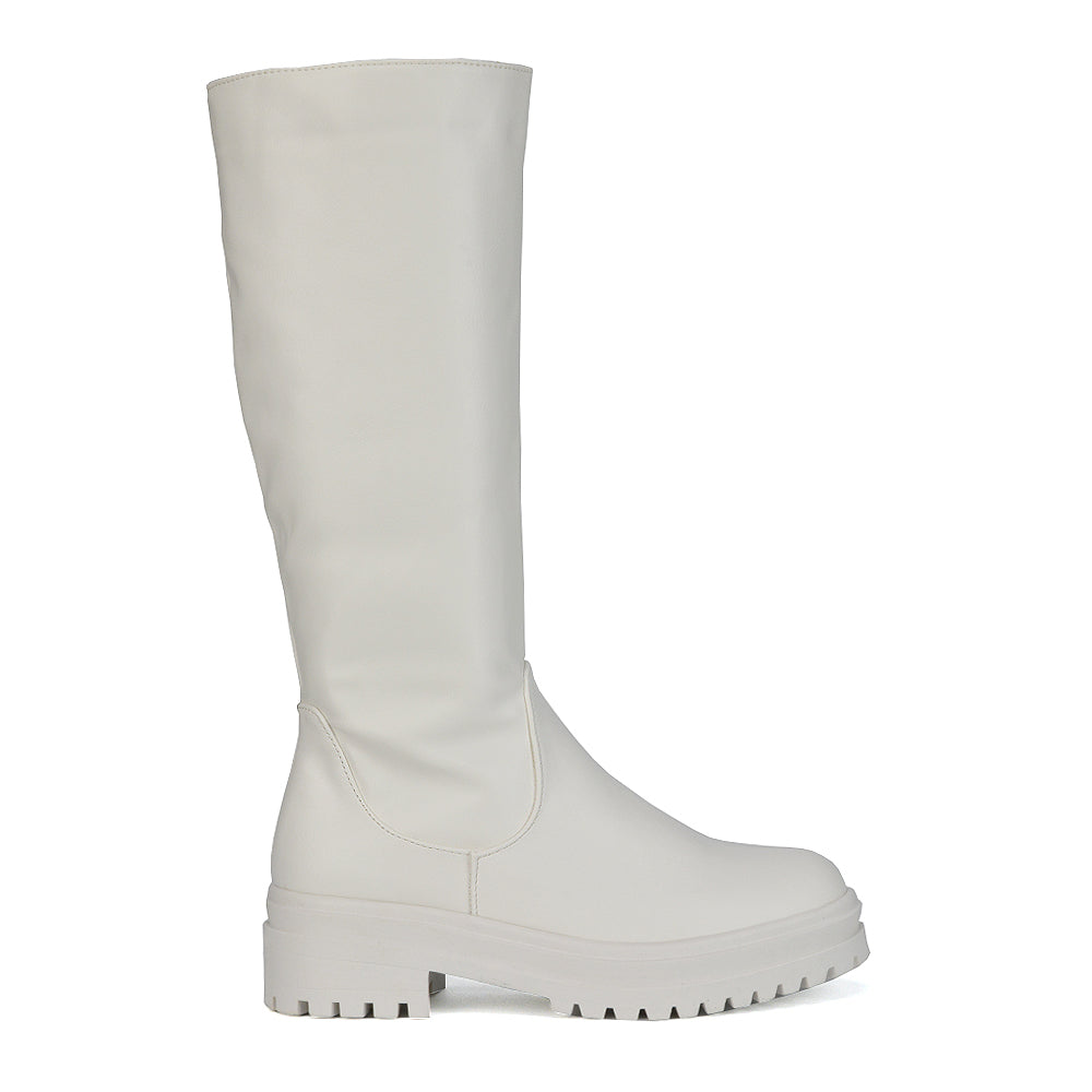 Maura Chunky Sole Low Block Heel Below The Knee Long Boots In White Synthetic Leather