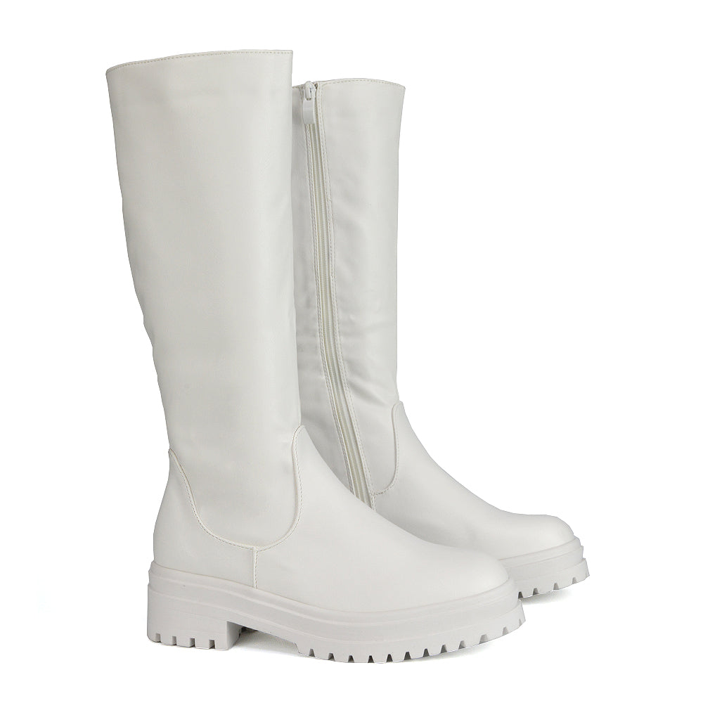 Maura Chunky Sole Low Block Heel Below The Knee Long Boots In White Synthetic Leather