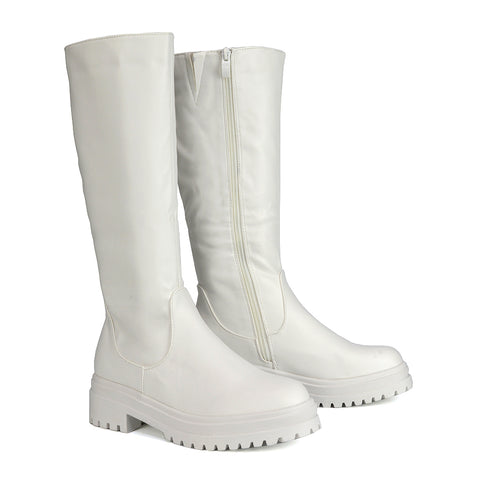 Maura Chunky Sole Low Block Heel Below The Knee Long Boots In White Synthetic Leather