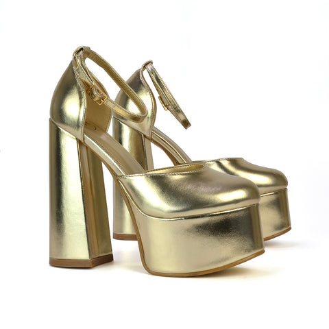 Rae Super High Chunky Platform Heels In Gold Metallic