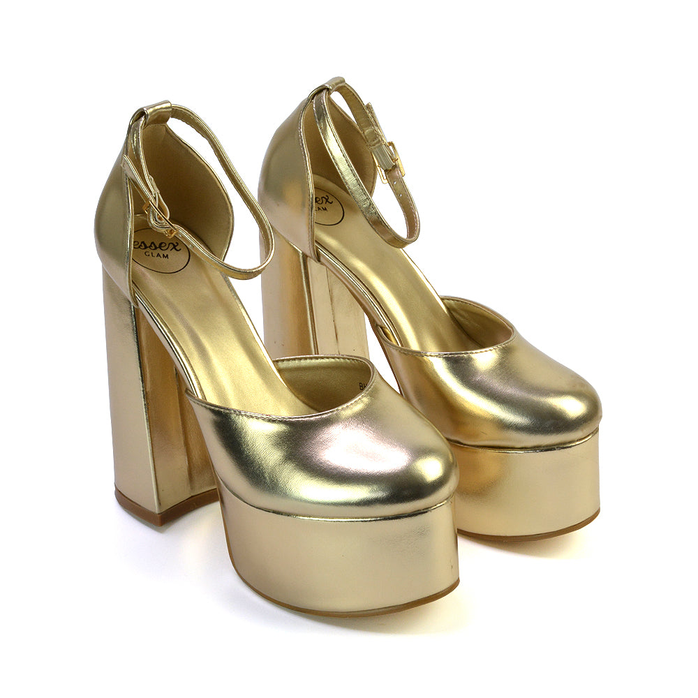 Rae Super High Chunky Platform Heels In Gold Metallic