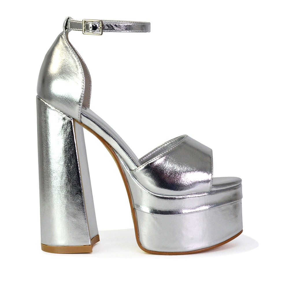 Elma Peep Toe Strappy Block High Heel Platform Sandals in Silver