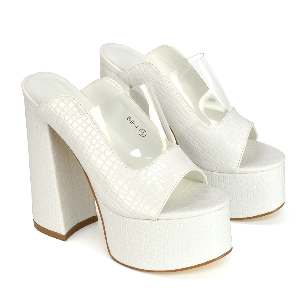 Saorise Perspex Strappy Block High Heel Platform High Heel Mules In White