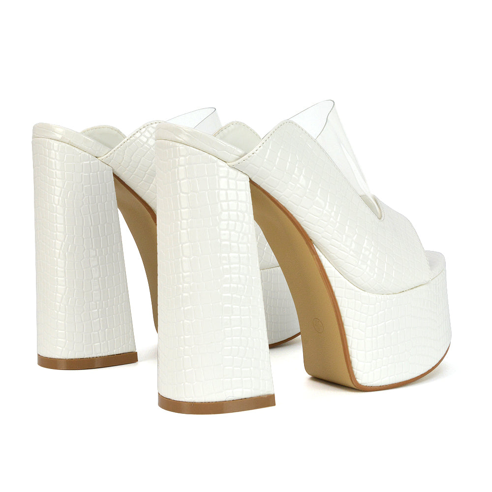 Saorise Perspex Strappy Block High Heel Platform High Heel Mules In White