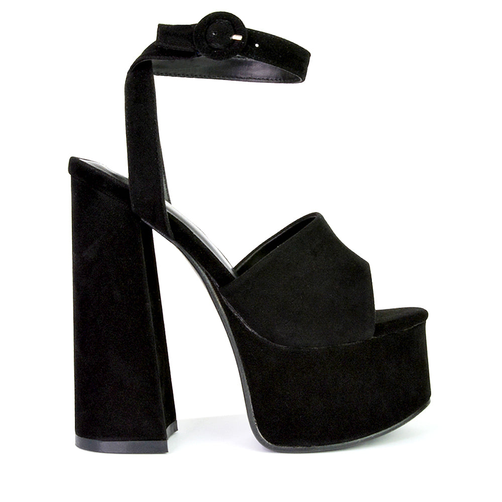 Pennie Strappy Super High Platform Shoes With a Chunky Heel in Black