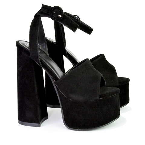 Pennie Strappy Super High Platform Shoes With a Chunky Heel in Black