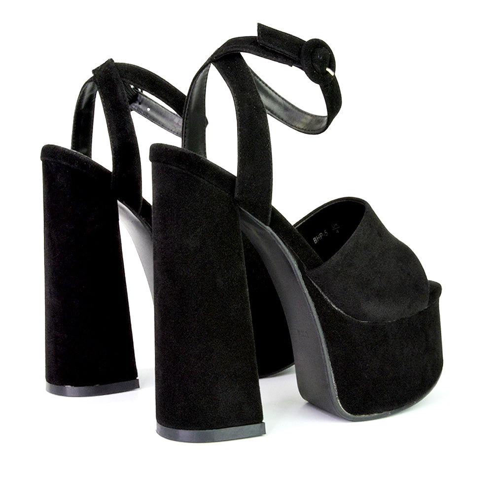 Pennie Strappy Super High Platform Shoes With a Chunky Heel in Black