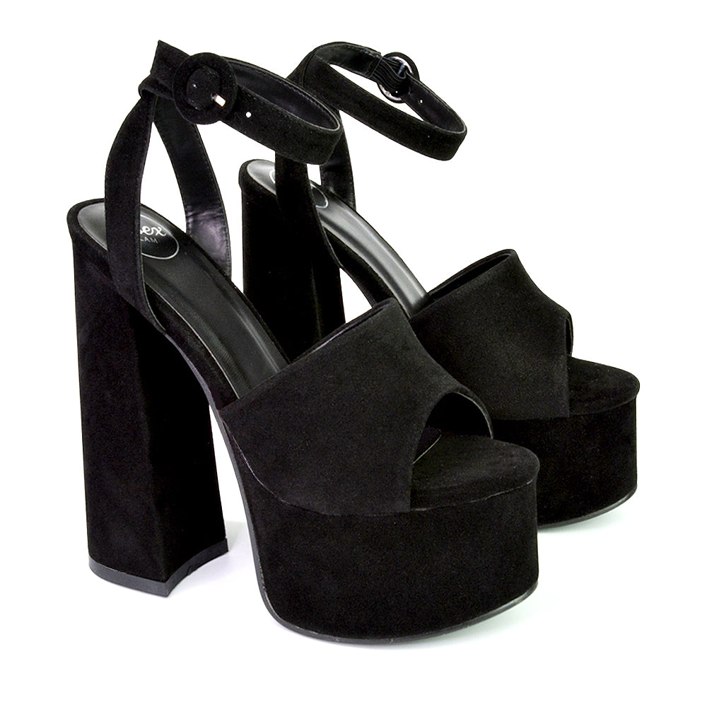 Pennie Strappy Super High Platform Shoes With a Chunky Heel in Black