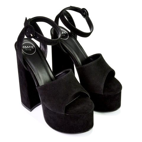 Pennie Strappy Super High Platform Shoes With a Chunky Heel in Black