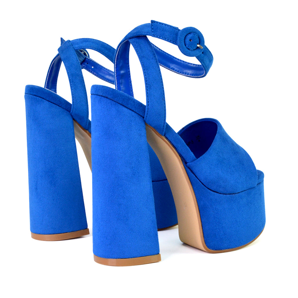 Pennie Strappy Super High Platform Shoes With a Chunky Heel in Blue