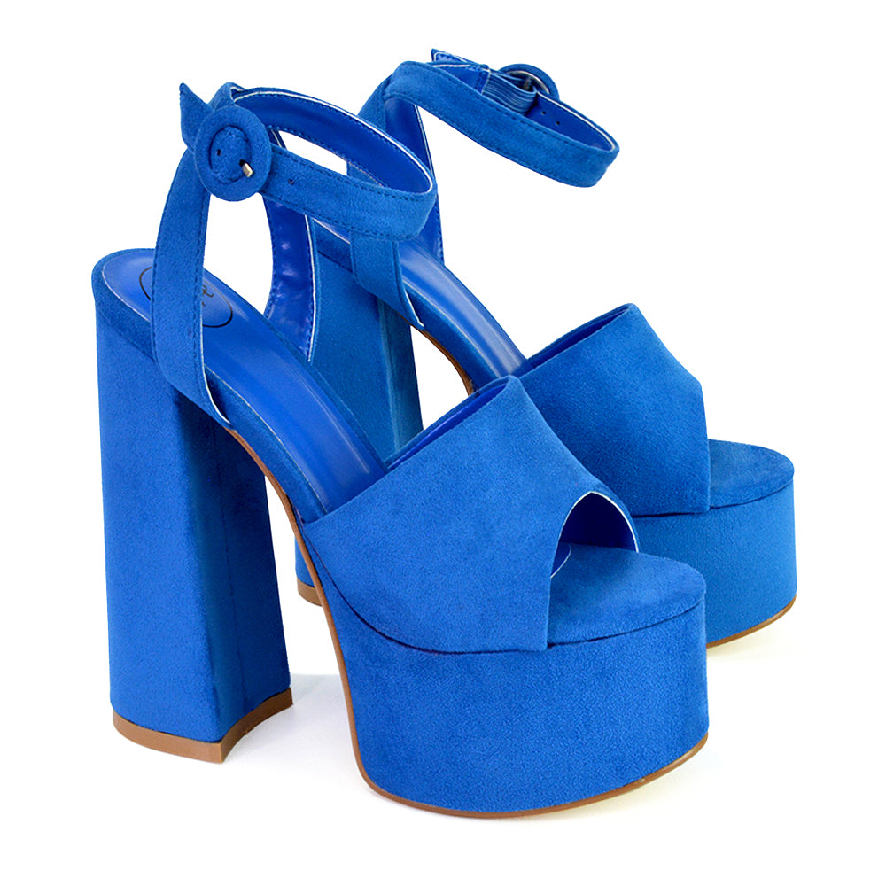 Pennie Strappy Super High Platform Shoes With a Chunky Heel in Blue