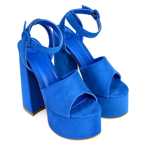 Pennie Strappy Super High Platform Shoes With a Chunky Heel in Blue