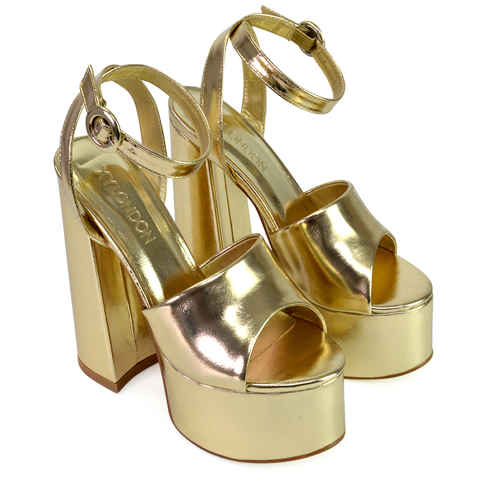 gold platform shoes with chunky heel