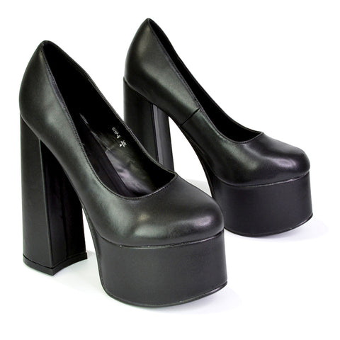 Kiwi Chunky Block Super High Heel Statement Closed Toe Platform Court Shoes in Black