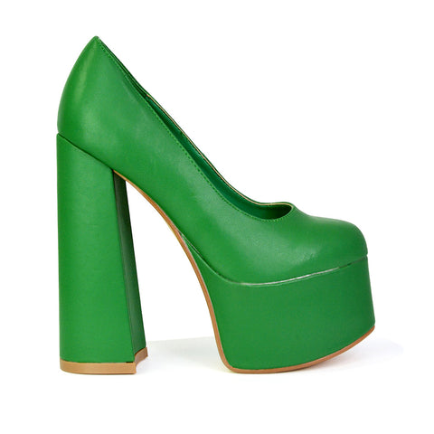 Kiwi Chunky Block Super High Heel Statement Closed Toe Platform Court Shoes in Green