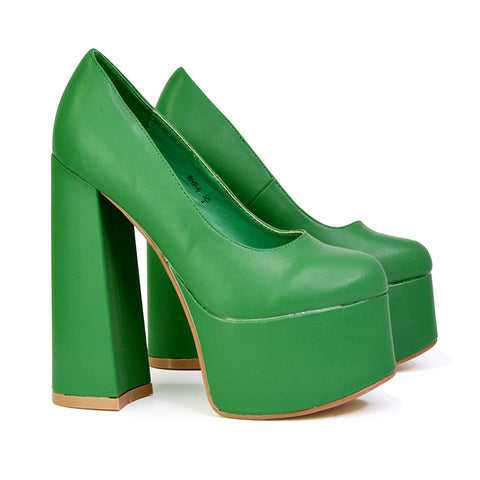 Kiwi Chunky Block Super High Heel Statement Closed Toe Platform Court Shoes in Green