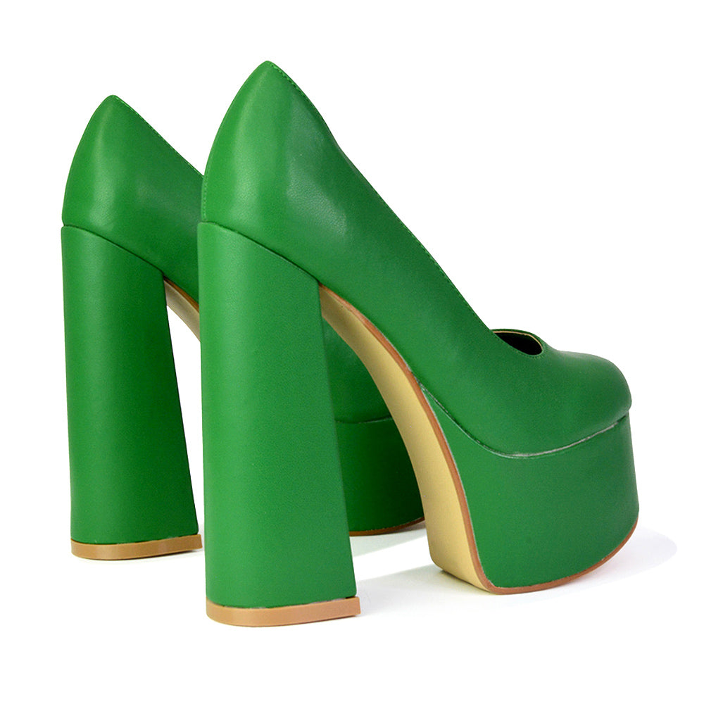 Kiwi Chunky Block Super High Heel Statement Closed Toe Platform Court Shoes in Green