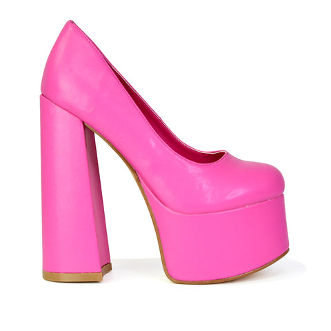 Kiwi Chunky Block Super High Heel Statement Closed Toe Platform Court Shoes in Pink