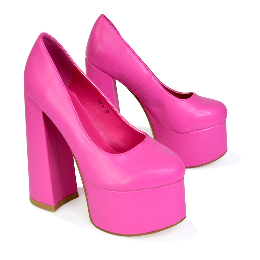 Kiwi Chunky Block Super High Heel Statement Closed Toe Platform Court Shoes in Pink