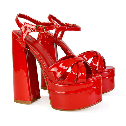 Anya Strappy Chunky Super High Block Heel Platform Shoes in Red